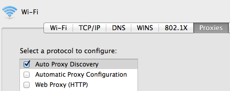 Network preferences screen shot showing Auto Proxy Discovery checkbox.