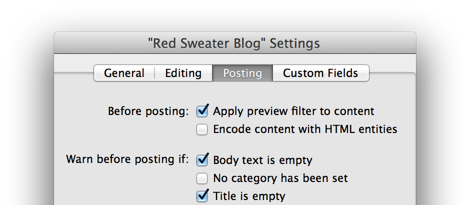 screenshot showing MarsEdit's preferences interface for blog settings, with the 'Apply Preview filter to Content' option checked