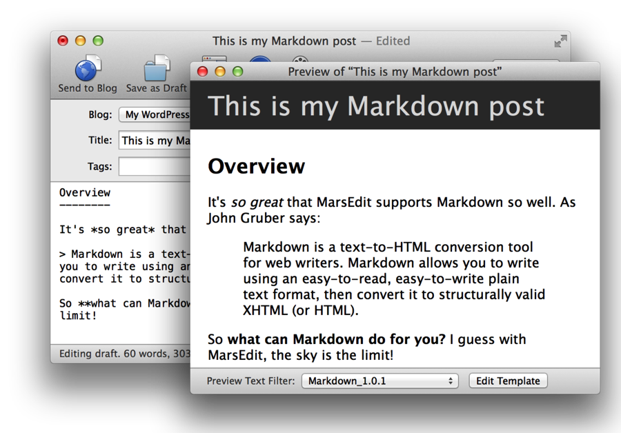 screenshot showing MarsEdit's Editor window overlapped by the Preview window, representing the typed markdown from the editor as rendering HTML in the preview